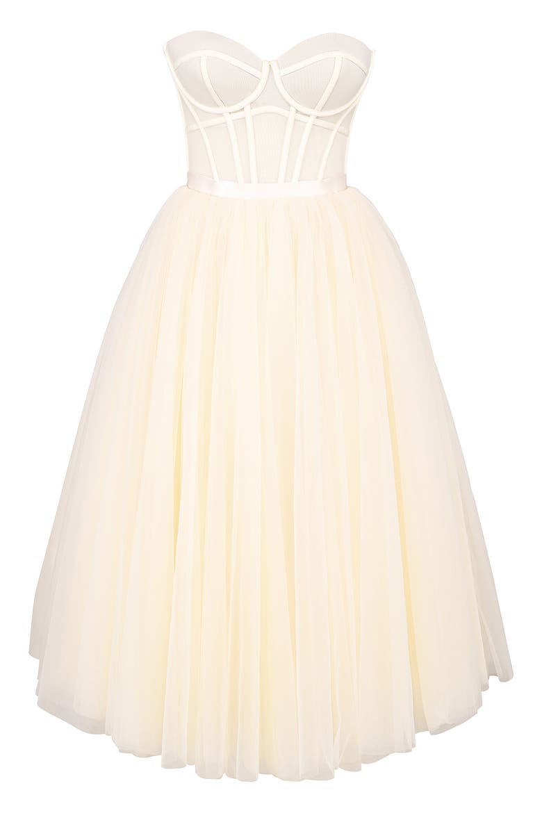strapless corset tulle midi dress in white White Midi Corset Dress: Fit & Flare Sweetheart Neckline