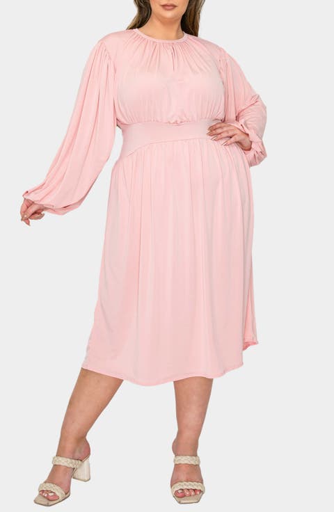 Audrey Gathered Long Sleeve Midi Dress (Plus)