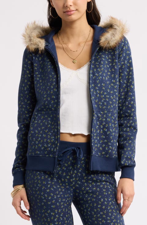 Slim Fit Faux Fur Trim Zip Hoodie