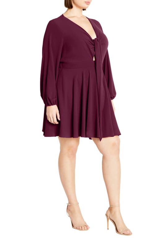 City Chic Ellie Tie Neck Long Sleeve Minidress In Purple