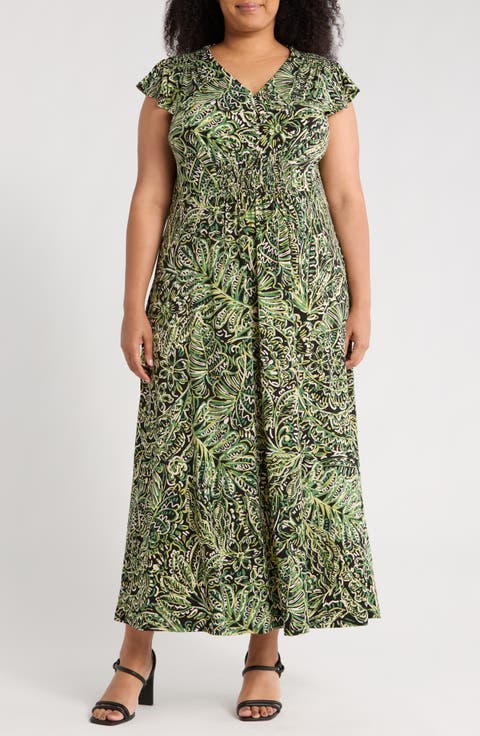 V-Neck Flutter Sleeve Maxi Dress (Plus)