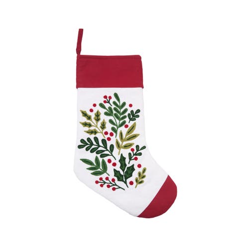 Botanical Holly Leaves Berries Branch Christmas Stocking 20"