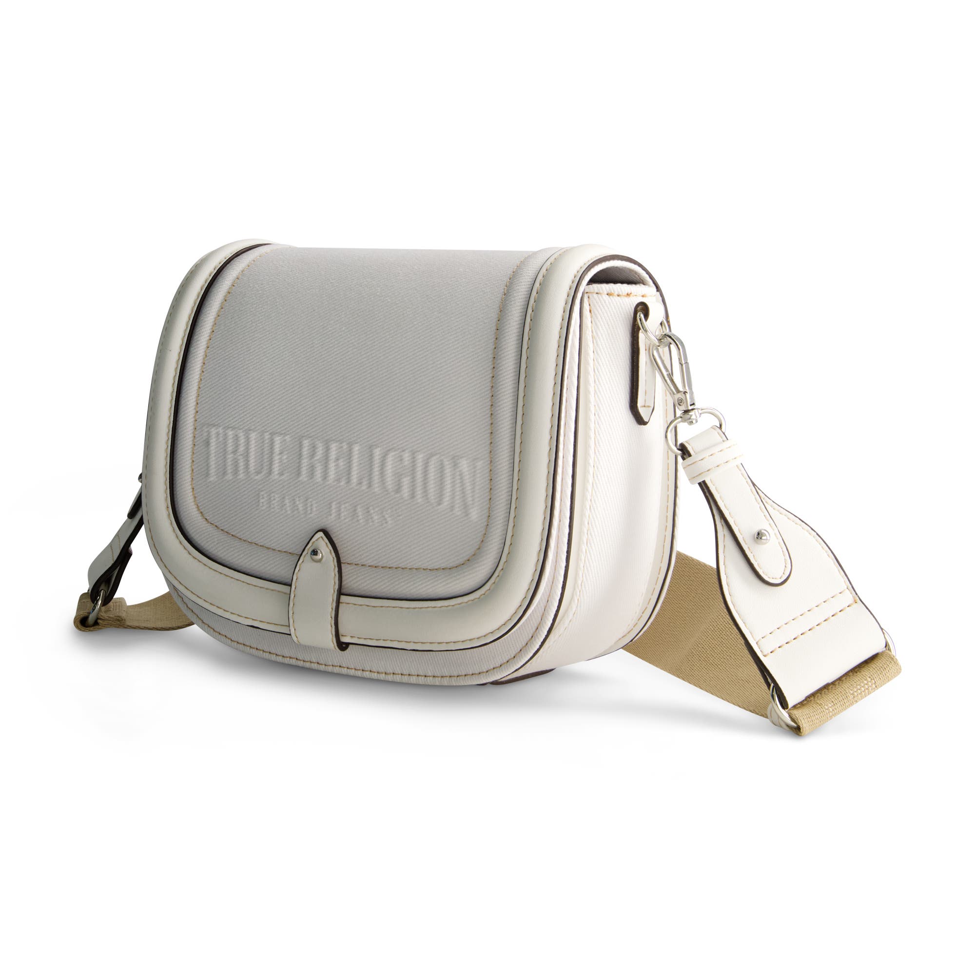 True Religion Distressed Logo Denim Saddle Bag, Alternate, color, White