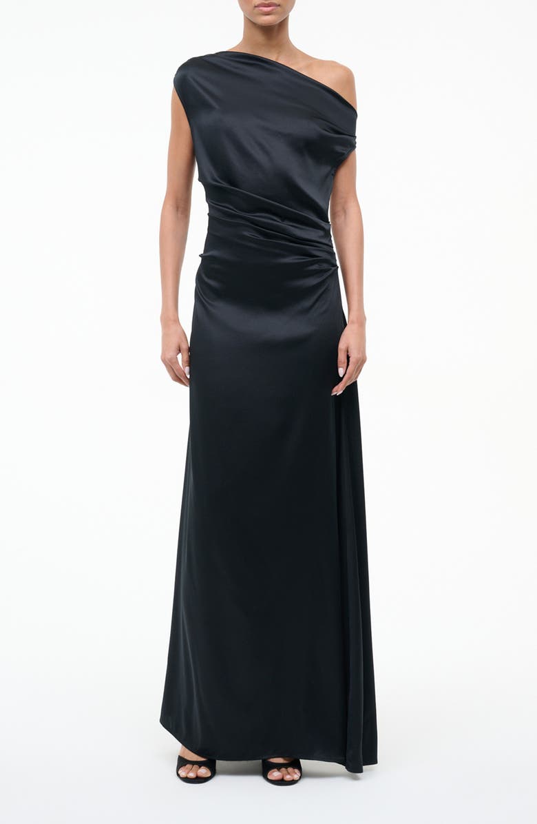 STAUD Phare One-Shoulder Stretch Silk Gown, Main, color, Black