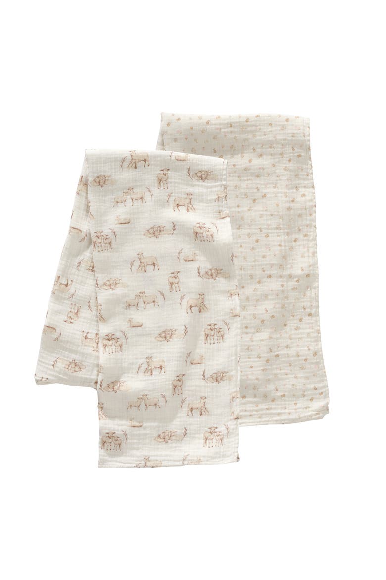 Signature 2-Pack Organic Muslin Lamb/Floral Swaddle Blankets, Main, color, White