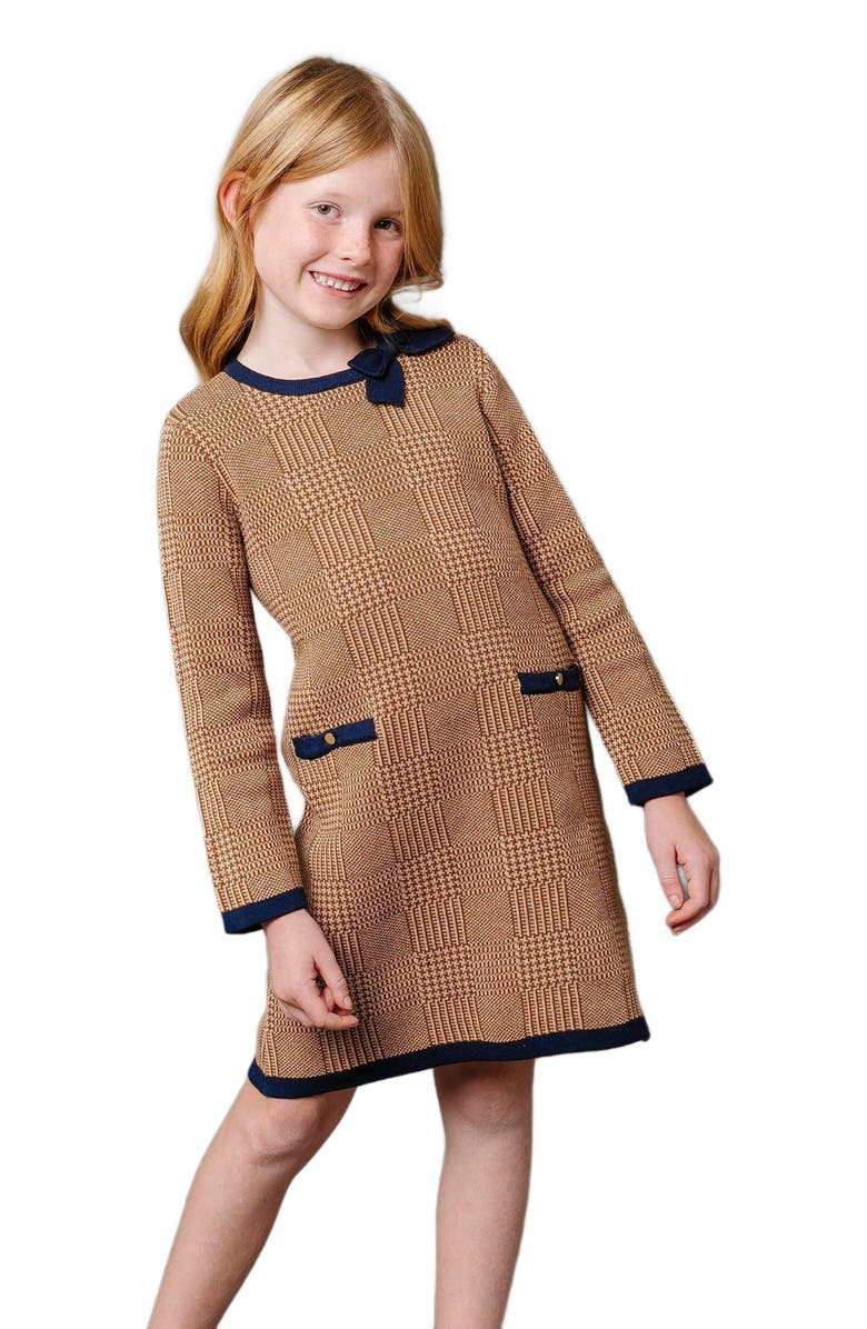 Hope & Henry Girls' Organic Bow Sweater Dress, Kids, Alternate, color, Brown Glen Plaid Intarsia