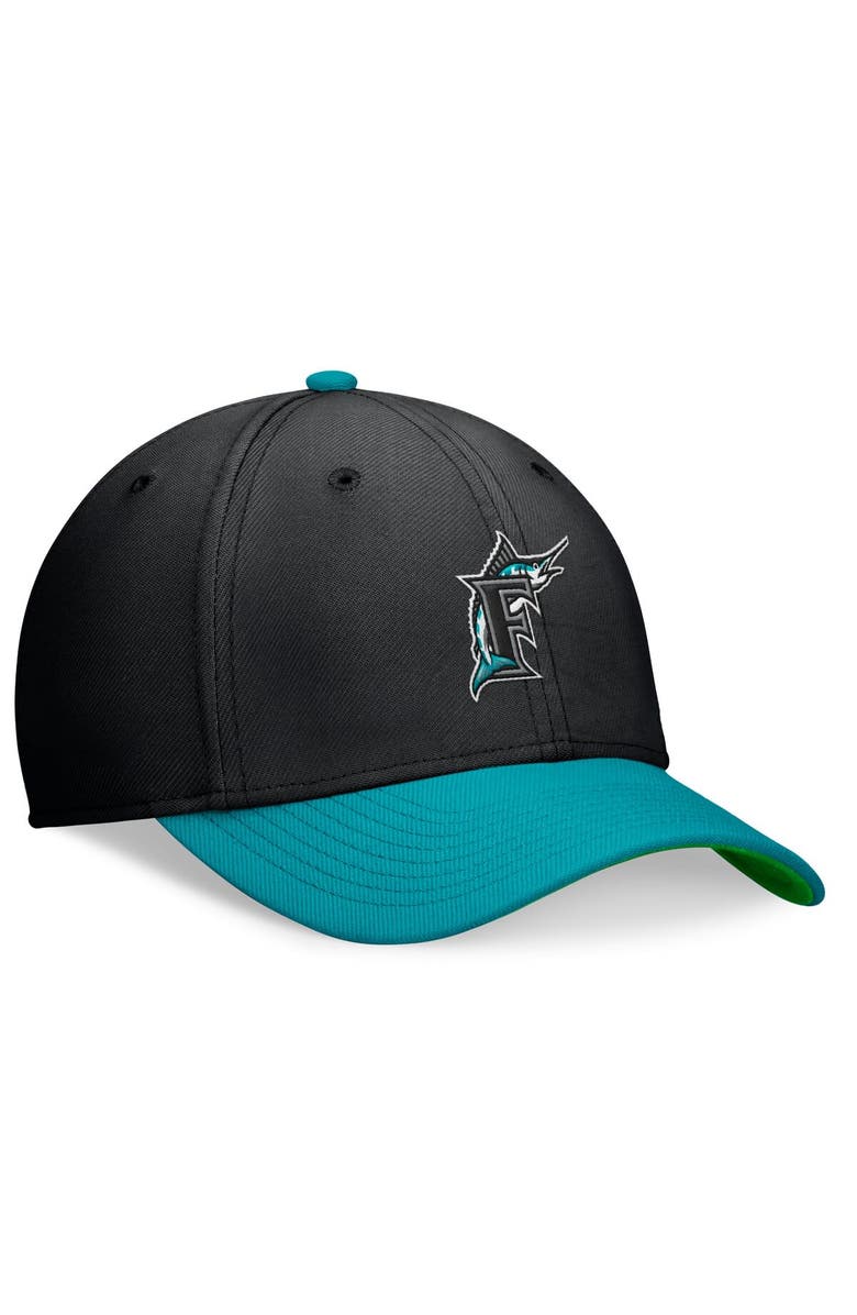 Nike Men's Nike Black/Teal Florida Marlins Cooperstown Collection Rewind Swooshflex Performance Hat, Alternate, color, 