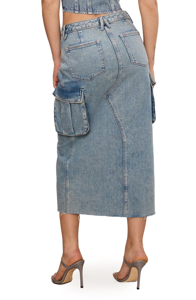 Good American Frayed Hem Denim Cargo Skirt, Alternate, color, 
