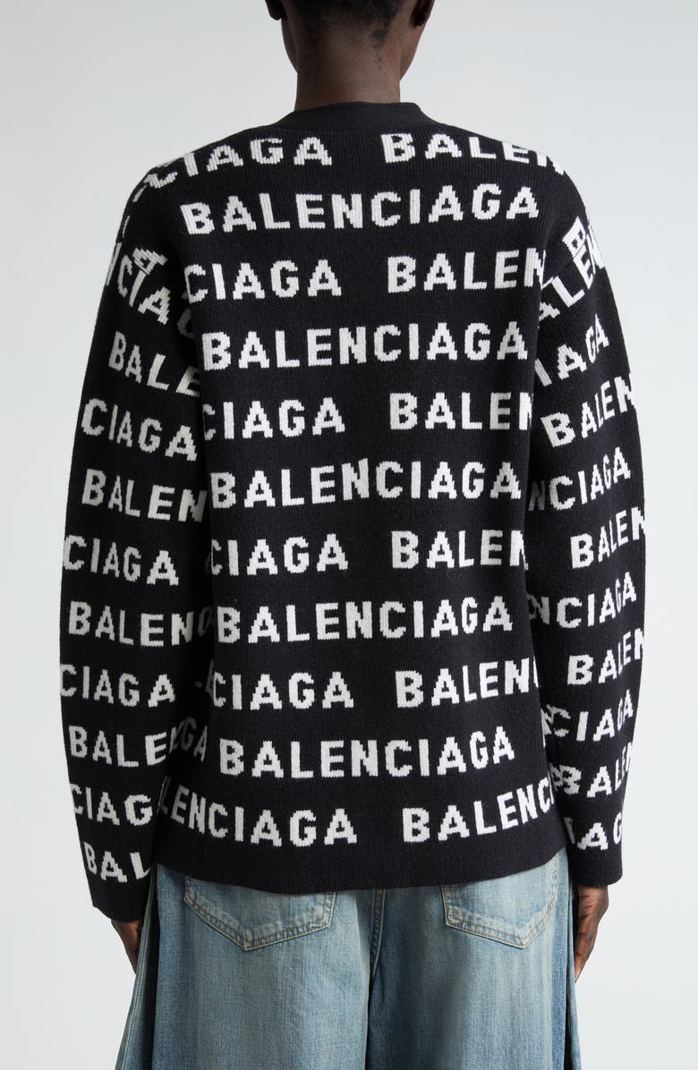 Balenciaga Logo Jacquard Wool Blend V-Neck Cardigan, Alternate, color, 
