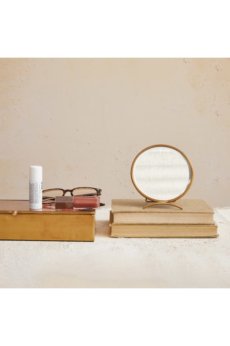 Brass Round Mirror On Stand in Antique Finish, Gold, Alternate, color, Gold
