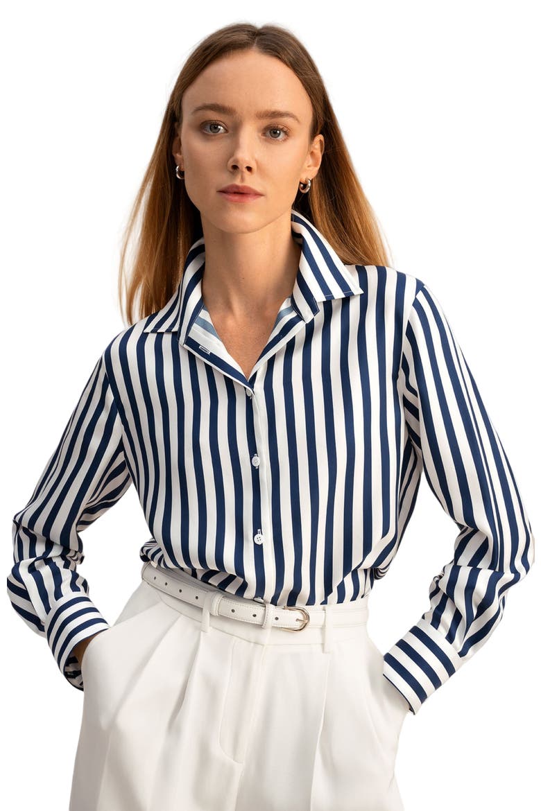 Classic Striped Silk Shirt, Main, color, Blue-White-Pinstripes