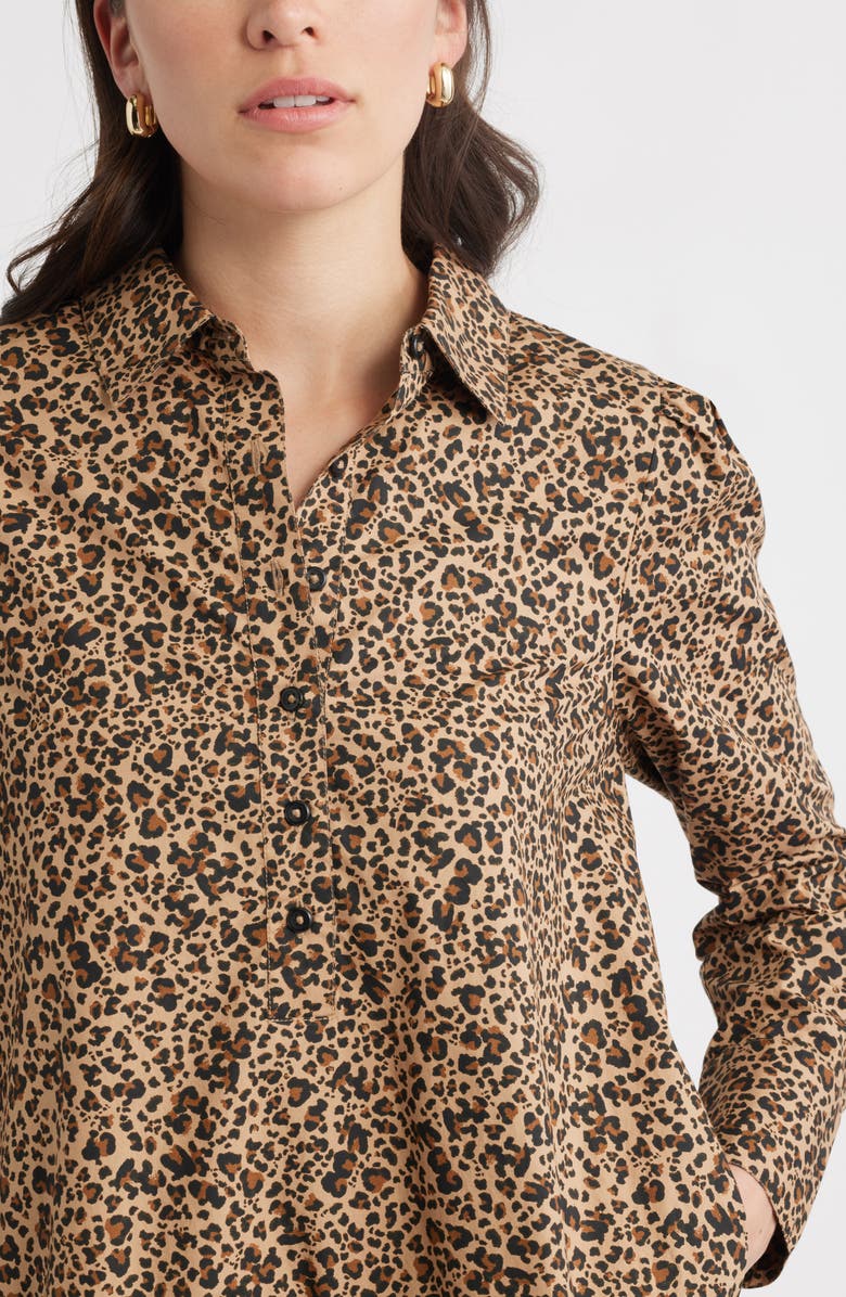 Caslon<sup>®</sup> Paper Long Sleeve Cotton Poplin Shirtdress, Alternate, color, Tan Tannin Jackie Leopard