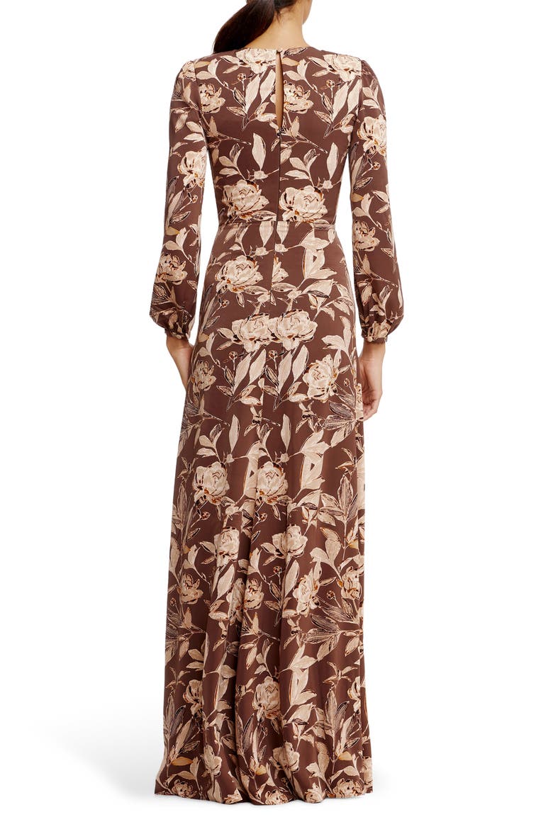 Joni Floral Long Sleeve Satin Gown, Alternate, color, MOCHA MULTI