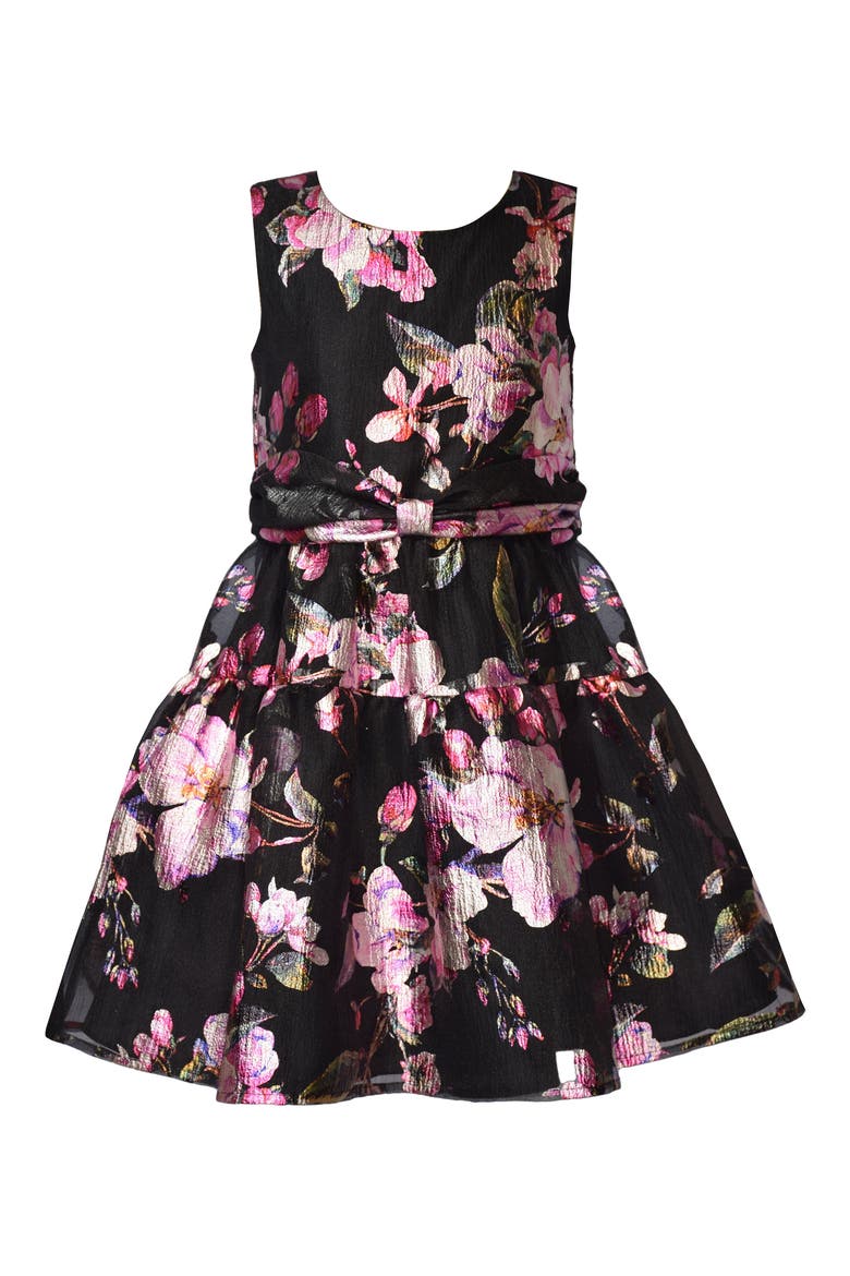 Kids' Metallic Floral Burnout Party Dress, Main, color, BLACK