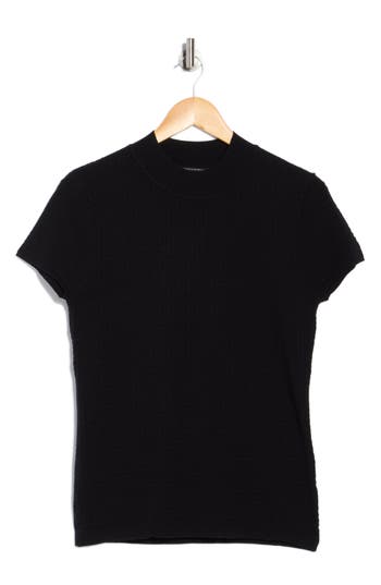T Tahari Mock Neck Short Sleeve Knit Sweater In Black