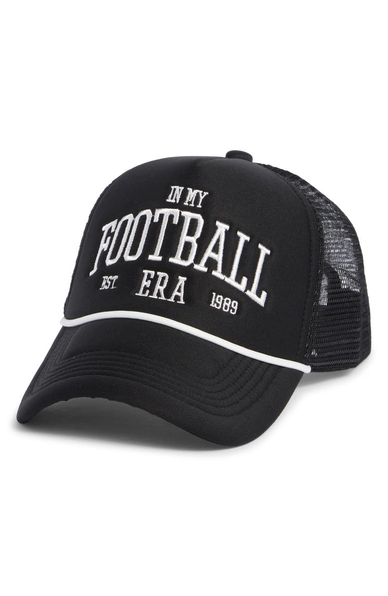 WORN/WEST Football Era Trucker Hat, Main, color, Black