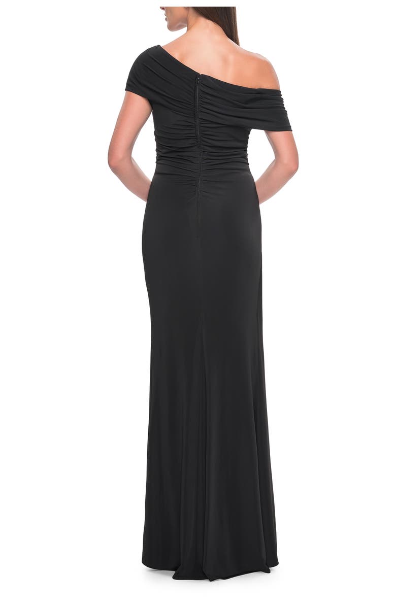 La Femme Jersey Evening Gown with Asymmetrical Neckline, Alternate, color, Black