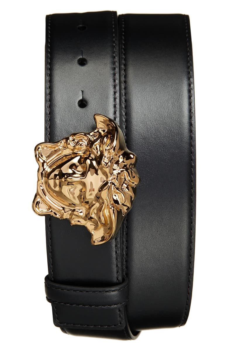Versace Medusa Head Leather Belt, Main, color, Black-Versace Gold