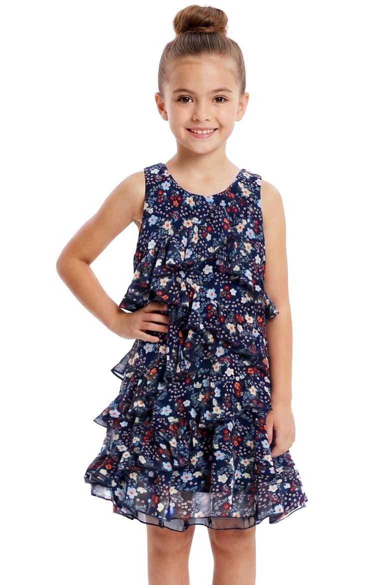 Kids' Floral Print Ruffle Dress, Alternate, color, NAVY MULTI