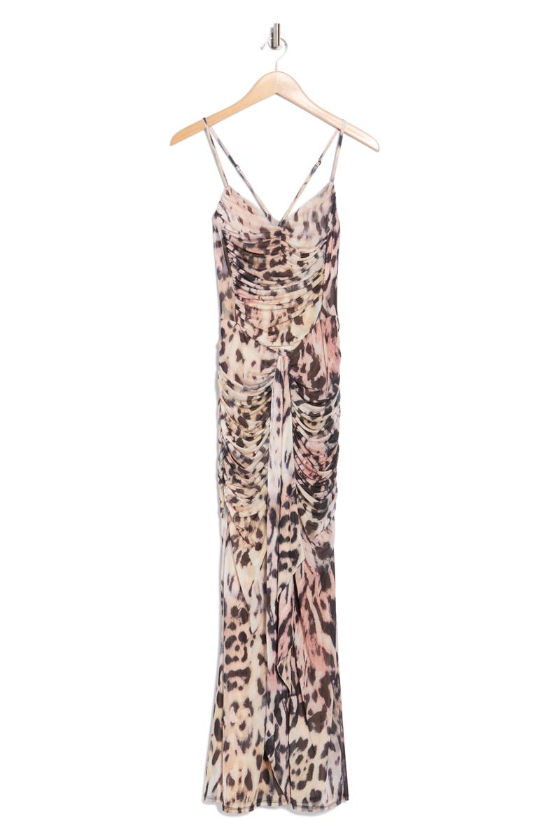 AFRM Azula Ruched Mesh Body-Con Dress, Main, color, Warm Leopard