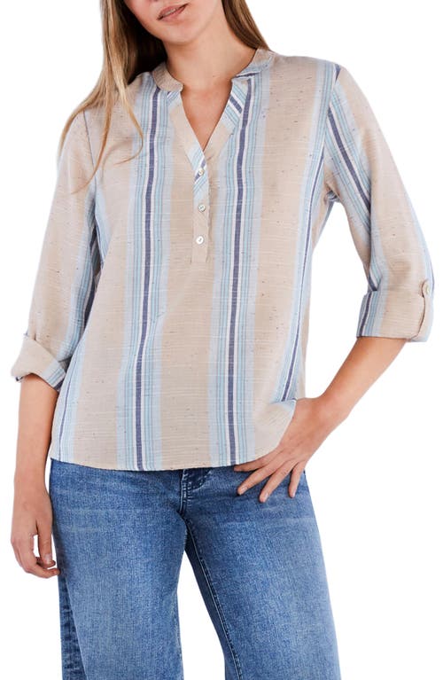 Billy T Belize Stripe Roll Tab Sleeve Popover Shirt In Blue Multi Stripes