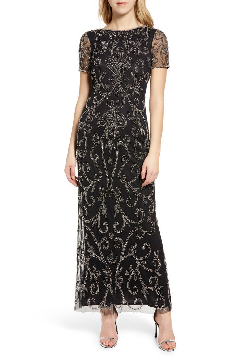Beaded Illusion Mesh A-Line Gown, Main, color, BLK/ WHT