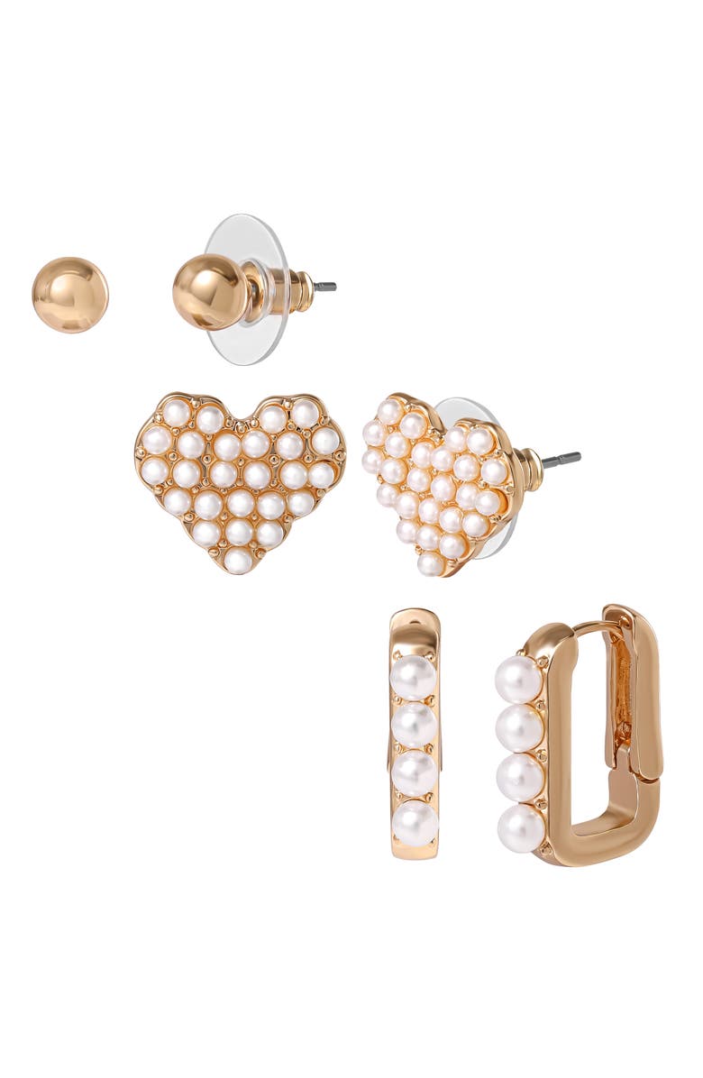 Jessica Simpson Pearl Stud Earring Set of 3, Alternate, color, Gold