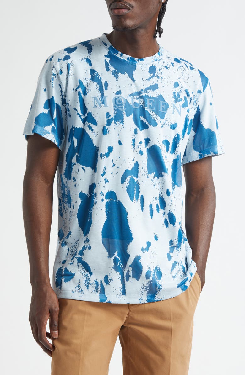 McQueen Flocked Logo Devoré T-Shirt, Main, color, White/ Indigo