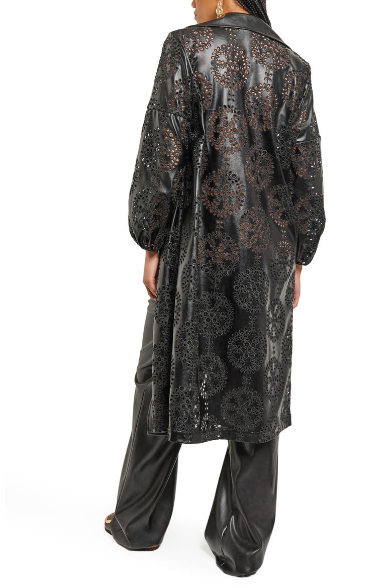 Eyelet Open Front Faux Leather Longline Jacket, Alternate, color, BLACK