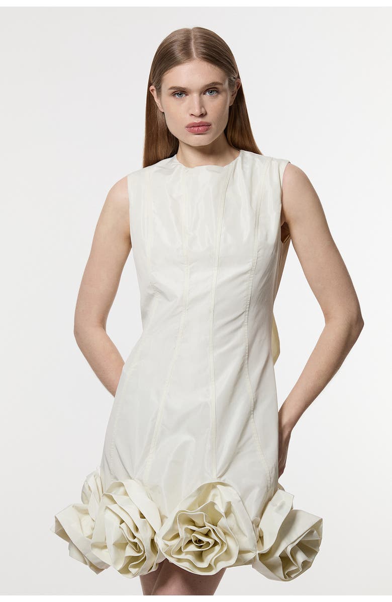 Karen Millen Taffeta Rosette Woven Mini Dress, Main, color, Pearl
