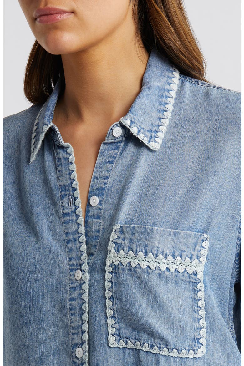 Saya Embroidered Detail Chambray Button-Up Shirt, Alternate, color, MEDIUM CLOUD WASH