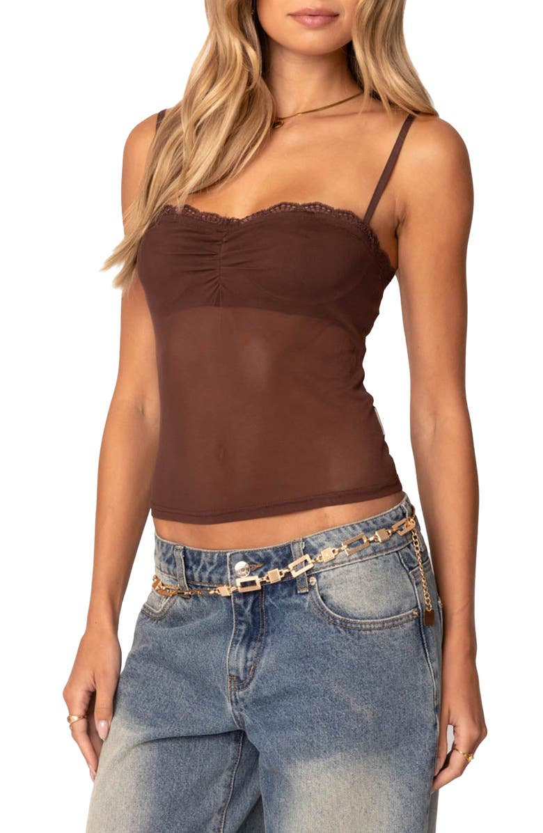 EDIKTED Elina Sheer Mesh Bra Top, Alternate, color, Brown