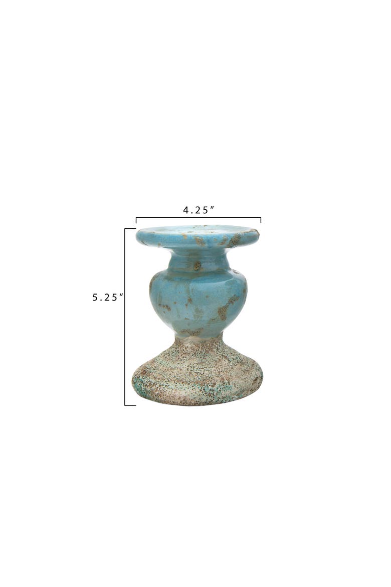 Small Distressed Round Terra-cotta Pillar Candleholder, Blue, Alternate, color, Blue