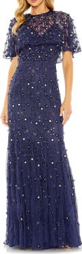 Mac Duggal Women's Embellished Illusion Cape Sleeve Trumpet Gown