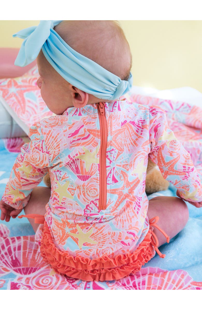 RuffleButts Baby Girls Tropical Long Sleeve UPF50+ One Piece Rash Guard, Alternate, color, Sunset Seashells