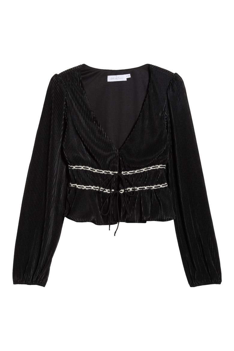 Tie Front Satin Plissé Top, Alternate, color, BLACK