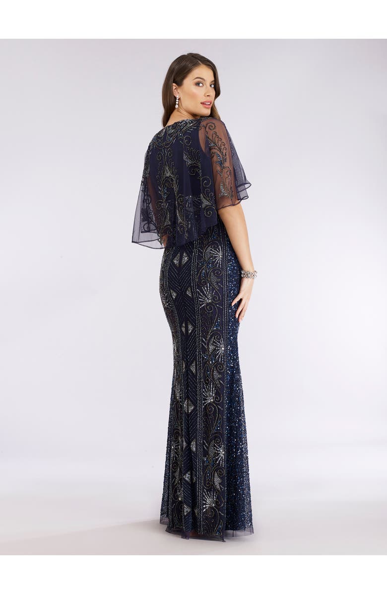 LARA New York Cape Sleeve Beaded Gown, Alternate, color, Navy