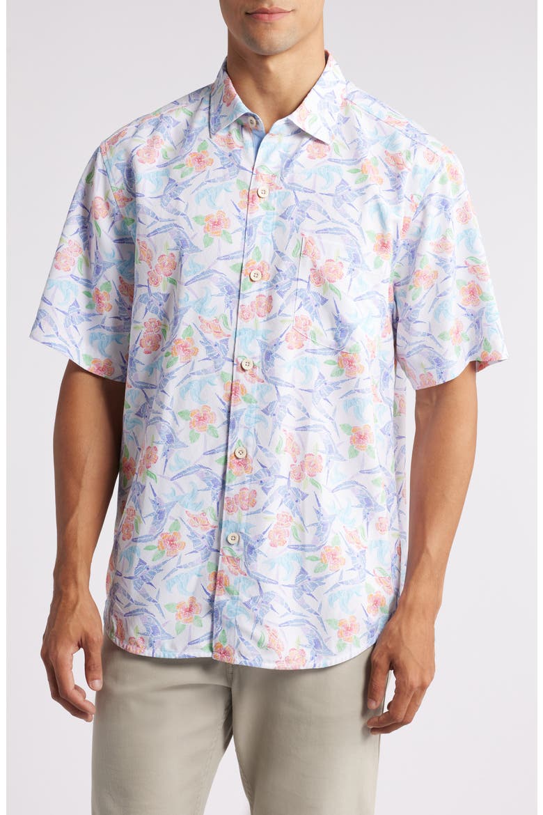 Coconut Point Marlin Mania Floral IslandZone® Short Sleeve Performance Button-Up Shirt, Main, color, WHITE