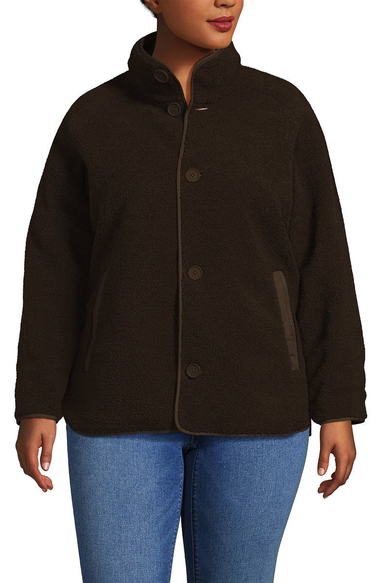 Lands' End High Pile Fleece Reversible Mixed Media Long Jacket, Alternate, color, Rich Coffee/Brown Check