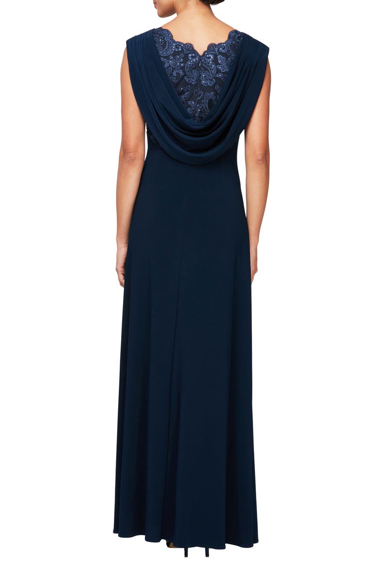 Sequin Floral Bodice Cowl Back Formal Gown, Alternate, color, NAVY