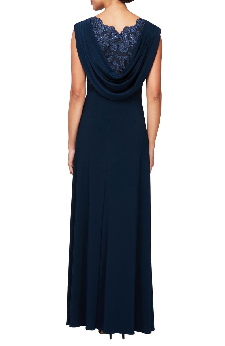Alex Evenings Sequin Floral Bodice Cowl Back Formal Gown, Alternate, color, Navy