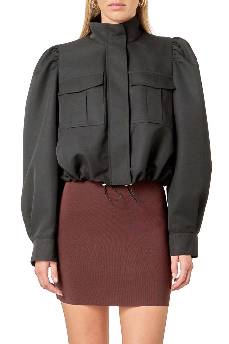 Drawstring Crop Bomber Jacket, Main, color, BLACK