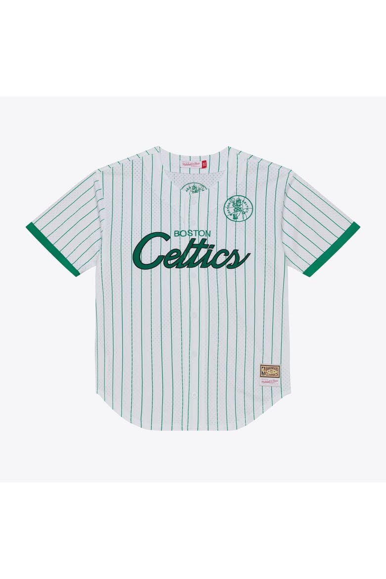 Men's Mitchell & Ness White Boston Celtics Head Coach Pinstripe Mesh Full-Button Baseball Jersey, Alternate, color, White