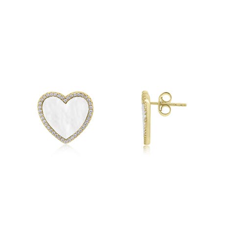 Large Mother of Pearl CZ Halo Heart Stud Earrings