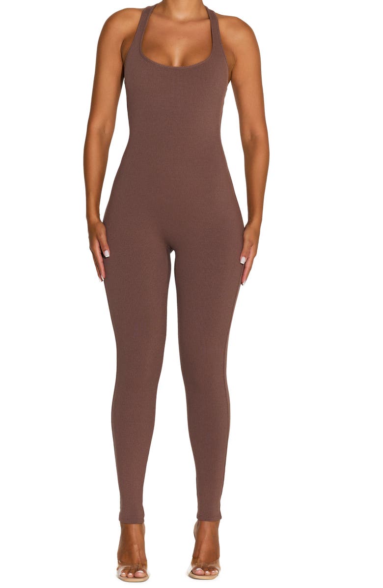 Naked Wardrobe Racerback Ribbed Jumpsuit, Main, color, Taupe