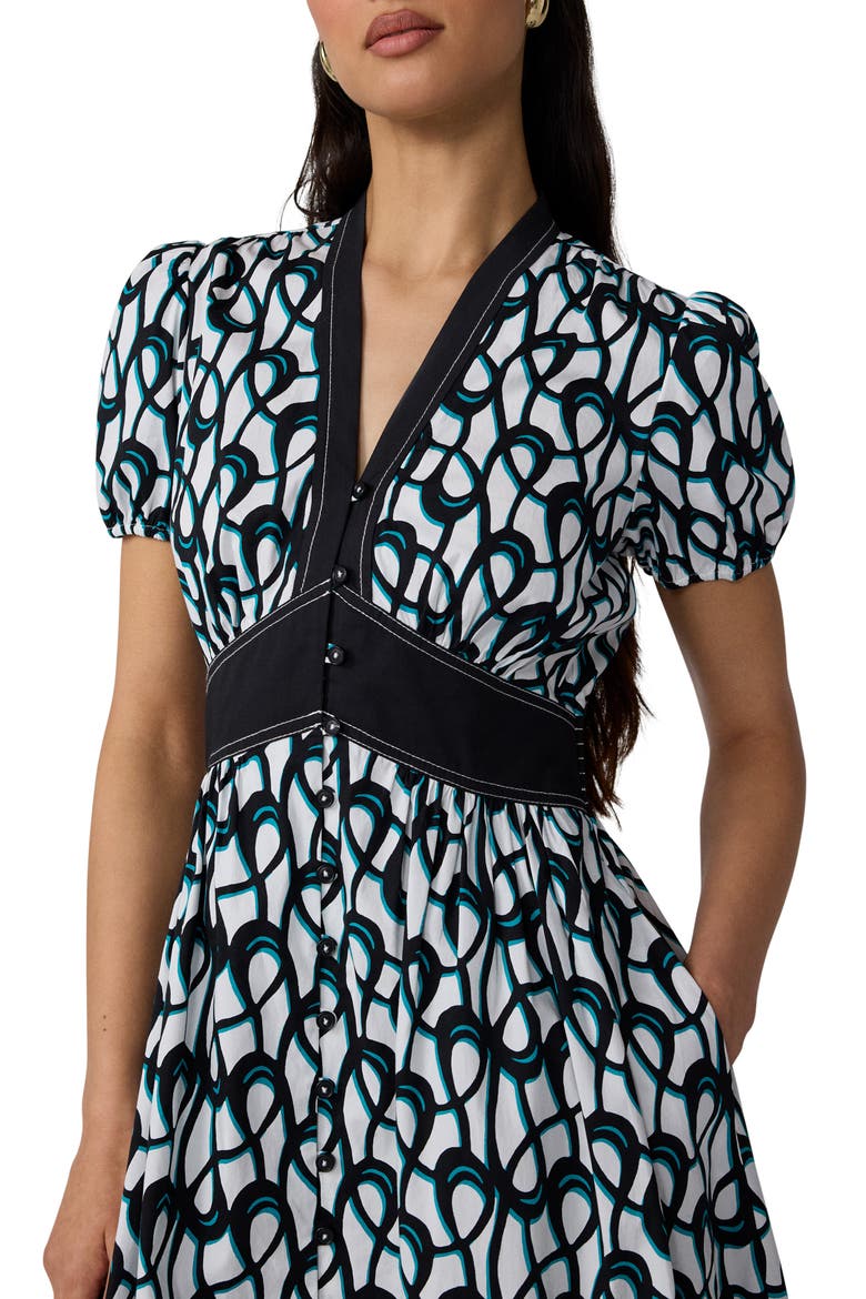 Erica Puff Sleeve Stretch Cotton Midi Dress, Alternate, color, LOOPS MID WHITE