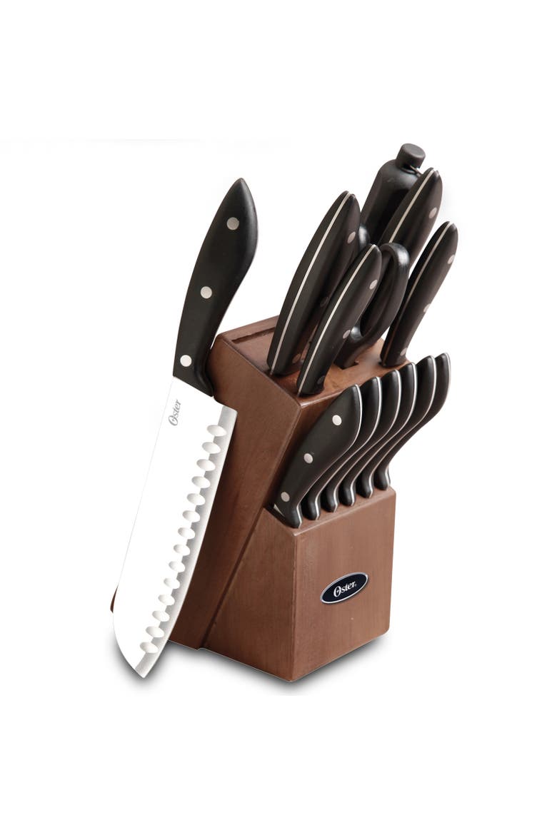 Huxford 14 Piece Stainless Steel Cutlery Set with Black Handles and Wooden Block, Main, color, Black