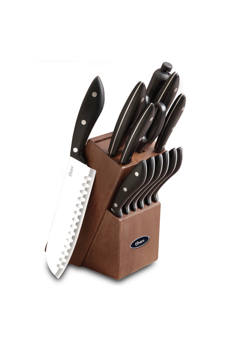 OSTER Huxford 14 Piece Stainless Steel Cutlery Set with Black Handles and Wooden Block, Main, color, Black