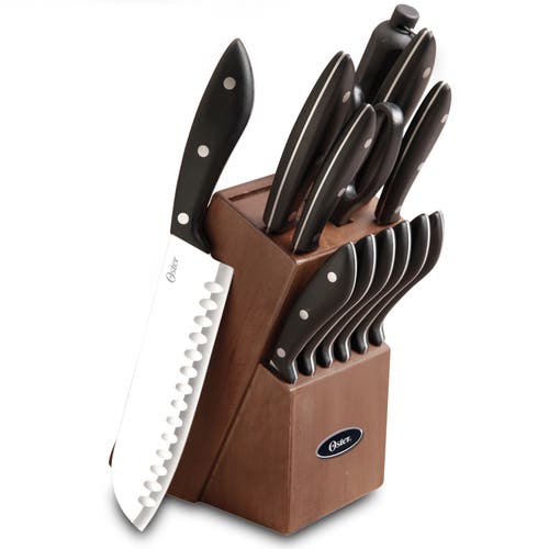 Oster Huxford 14 Piece Stainless Steel Cutlery Set With Black Handles And Wooden Block In Black
