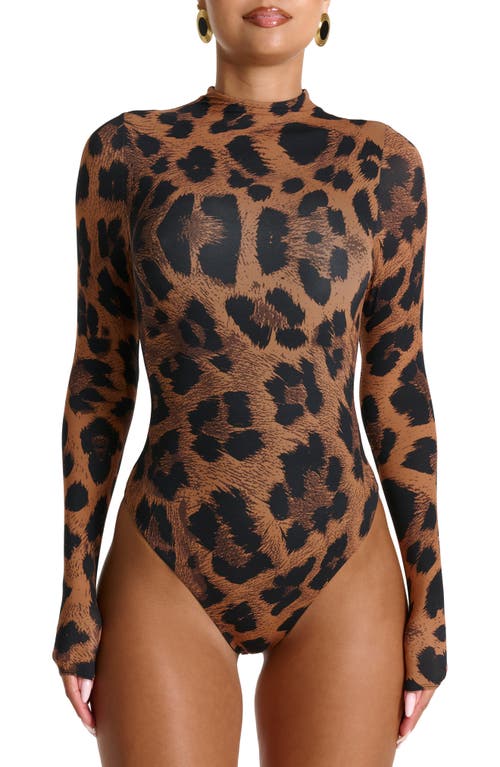 Naked Wardrobe Naked Snakeskin Print Long Sleeve Bodysuit In Brown